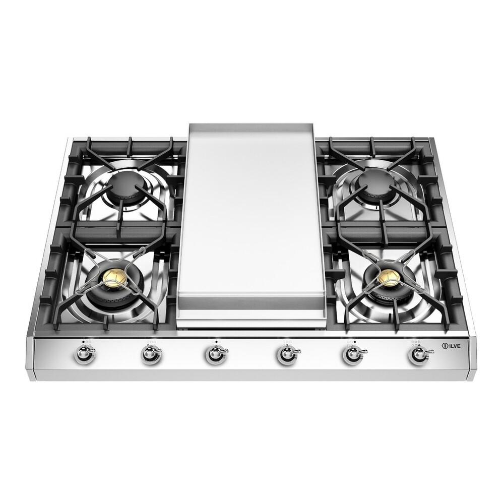 ILVE UHCP965FNSSC Nostalgie II 36 inch Built-In Gas Cooktop with Griddle, in Stainless Steel (Natural Gas, Chrome)