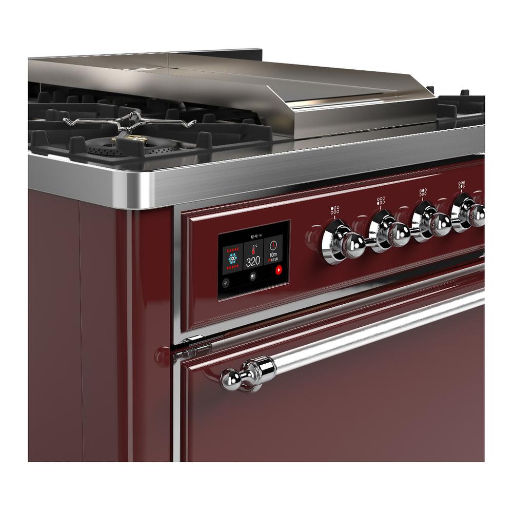 ILVE UM36FQNR3BUCLP Majestic III 36 inch Dual Fuel Range with 6 Black Brass Burners and Griddle, Dual Function Burner up to 25,000 BTU (Solid Door, Burgundy, Chrome, Liquid Propane)