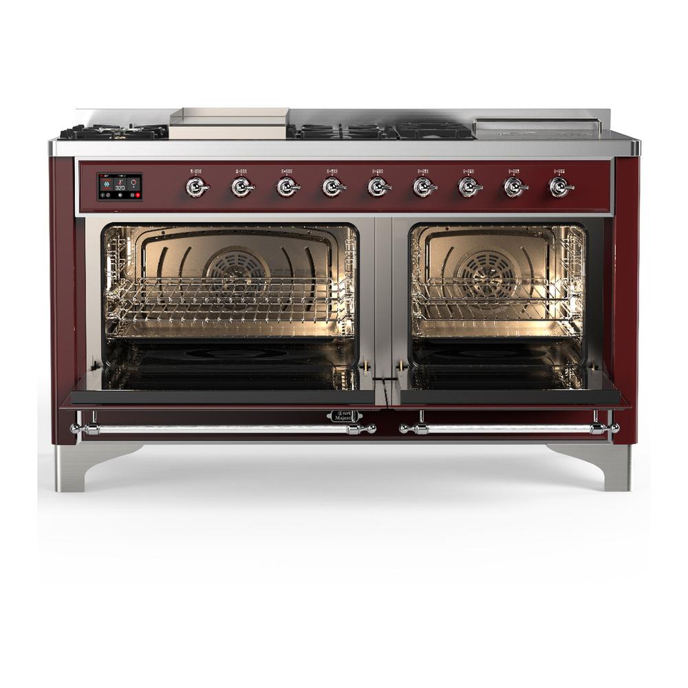ILVE UM60FSNR3BUCLP Majestic III 60 inch Dual Fuel Range with 7 Burners, Griddle and French Top, Dual Function Burner with up to 25,000 BTU (Liquid Propane, Triple Glass Door, Burgundy, Chrome)