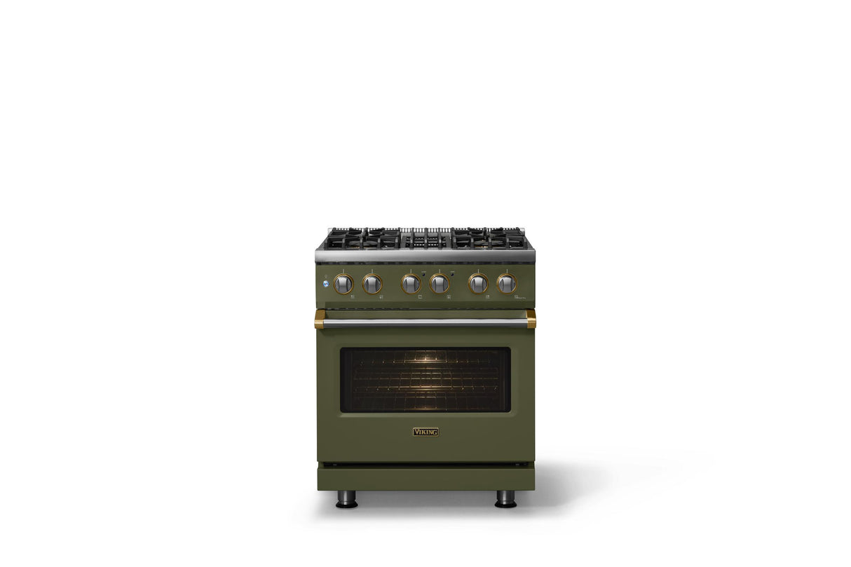 30"W. Dual Fuel Range (Finish: Martini, Trim: Brushed Brass, Fuel: Propane)