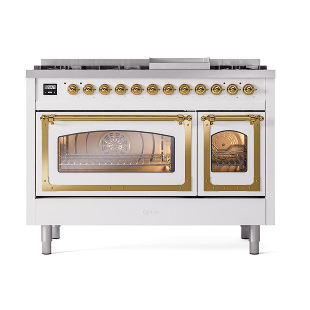 ILVE UN48FNMPRAGLP Nostalgie II Noblesse 48 inch Dual Fuel Range (8 Sealed Burners + Griddle, Liquid Propane, Triple Glass Door, RAL, Brass)