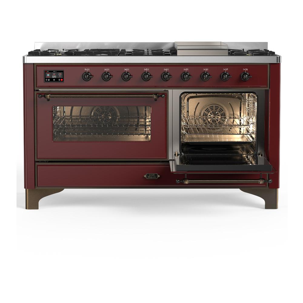 ILVE UM60FNR3BUBLP Majestic III 60 inch Dual Fuel Range with 9 Burners and Griddle, Dual Function Burner up to 25,000 BTU (Liquid Propane, Triple Glass Door, Burgundy, Burnished)