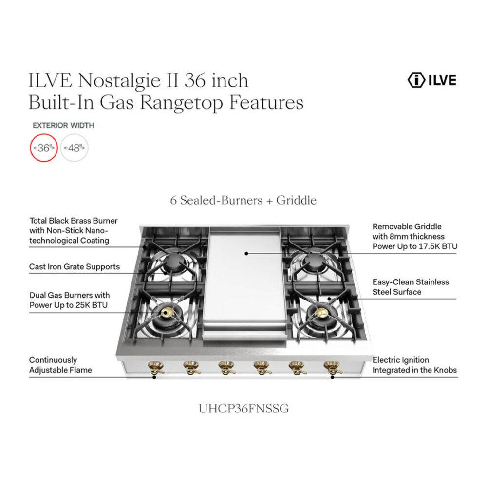 ILVE UHCP36FNSSP Nostalgie II 36 inch Built-In Gas Rangetop with 6 Burners and Griddle, in Stainless Steel (Natural Gas, Copper)