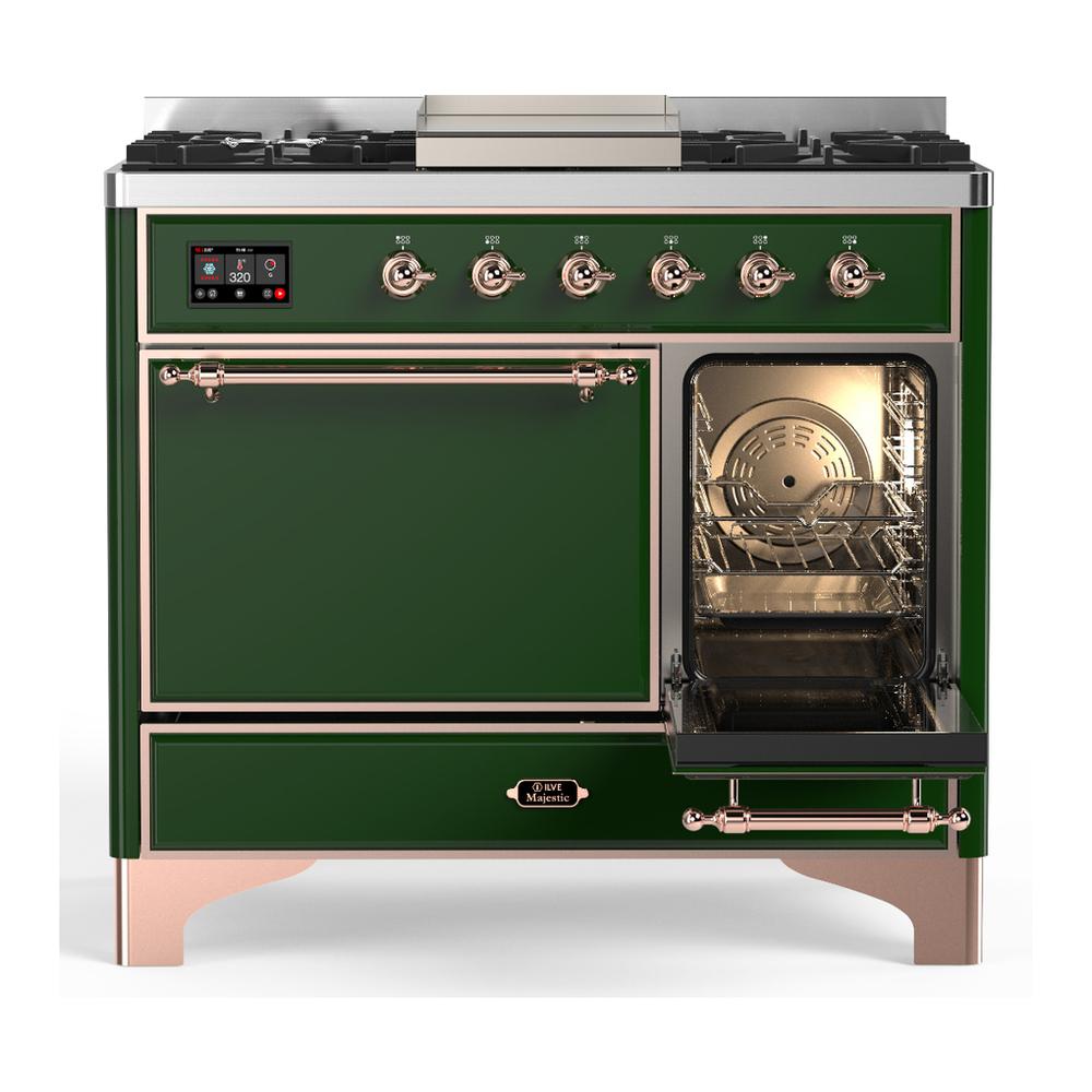 ILVE UMD40FQNR3EGPLP Majestic III 40 inch Dual Fuel Range with 6 Burners and Griddle, Dual Function Burner up to 25,000 BTU (Liquid Propane, Solid Door, Emerald Green, Copper)