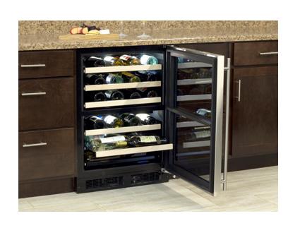 24" High Efficiency Dual Zone Wine Cellar - Stainless Frame Glass Door - Left Hinge