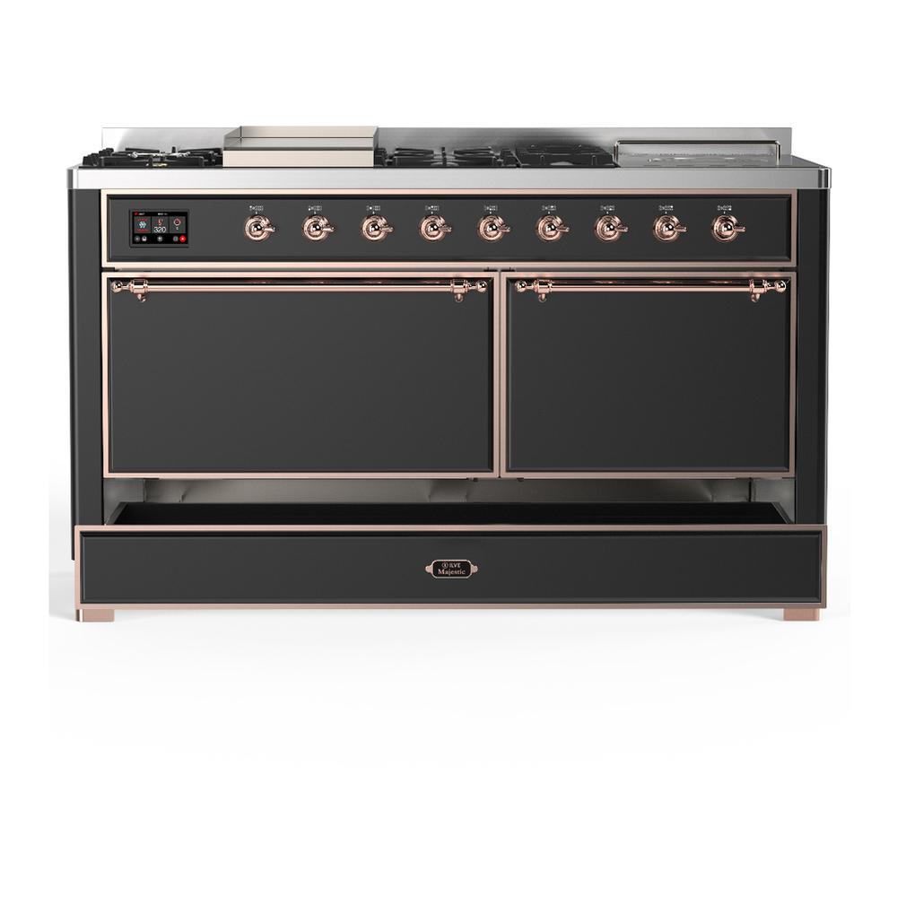 ILVE UM60FSQNR3MGP Majestic III 60 inch Dual Fuel Range with 7 Burners, Griddle and French Top, Dual Function Burner with up to 25,000 BTU (Natural Gas, Solid Door, Graphite Matte, Copper)