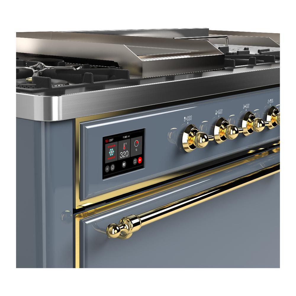 ILVE UM60FSQNR3BGGLP Majestic III 60 inch Dual Fuel Range with 7 Burners, Griddle and French Top, Dual Function Burner with up to 25,000 BTU (Liquid Propane, Solid Door, Blue Grey, Brass)