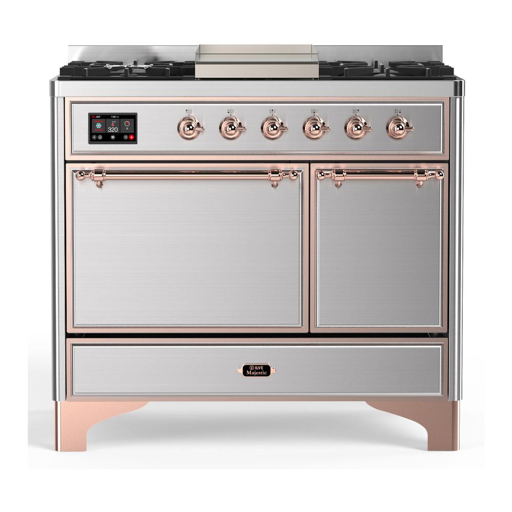 ILVE UMD40FQNR3SSPLP Majestic III 40 inch Dual Fuel Range with 6 Burners and Griddle, Dual Function Burner up to 25,000 BTU (Liquid Propane, Solid Door, Stainless Steel, Copper)