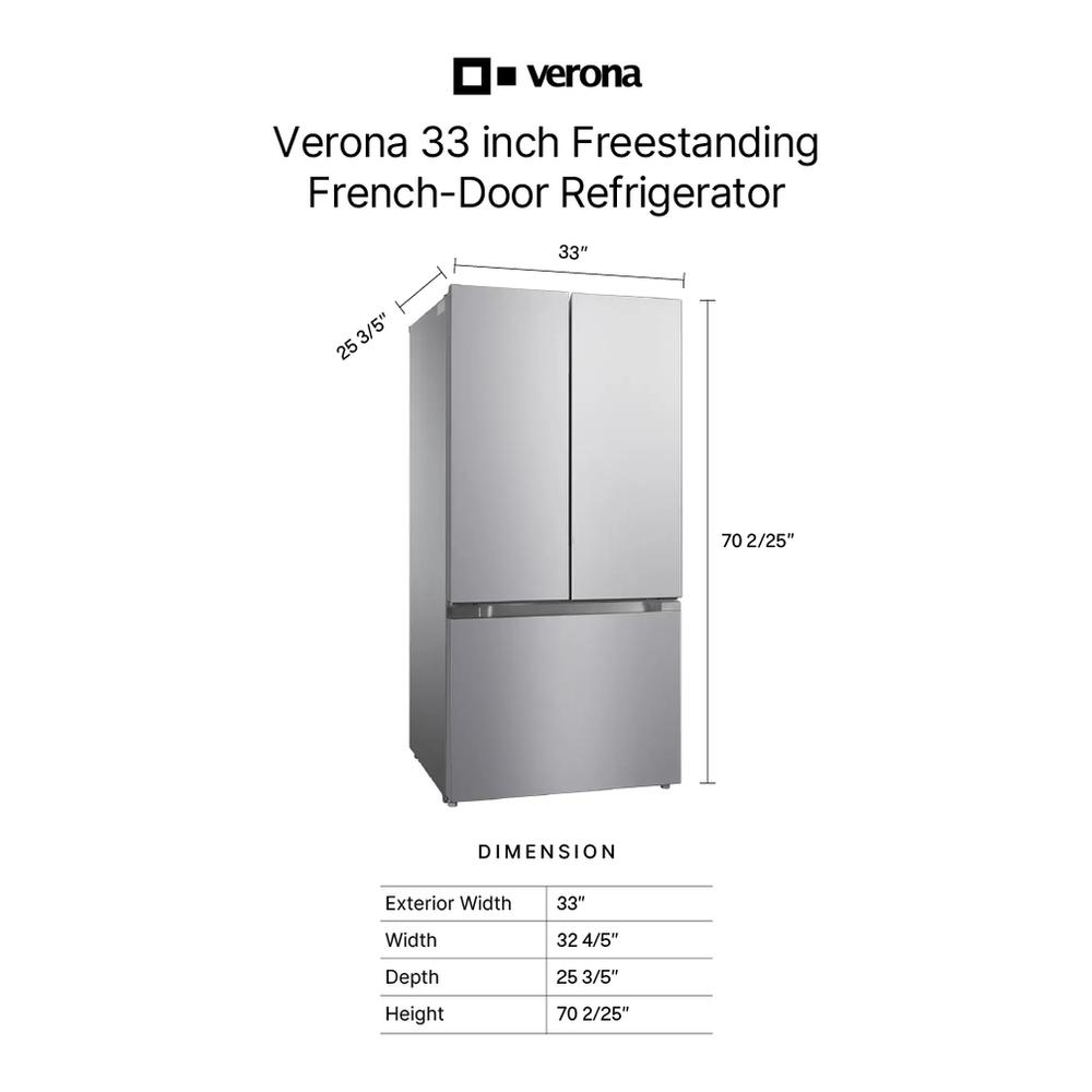 Verona VEFFD3316RISL 33 inch Freestanding French Door Refrigerator with 16.5 cu. ft. Capacity, Automatic Ice Maker, Recessed Handle