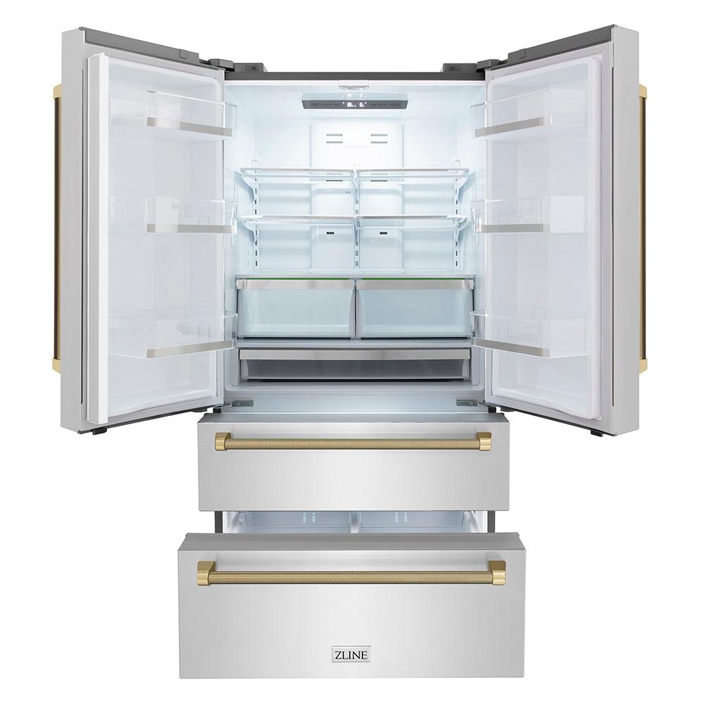 ZLINE Autograph Edition 36 in. 22.5 cu. ft. Counter-Depth French Door Refrigerator with Ice Maker in Fingerprint-Resistant Stainless Steel and Champagne Bronze Helix Handles (RFMZ-36-KCB)