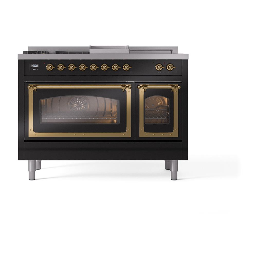 ILVE UN48FSNMPBKG Nostalgie II Noblesse 48 inch Dual Fuel Range (5 Sealed Burners + Griddle + French Top, Natural Gas, Triple Glass Door, Glossy Black, Brass)