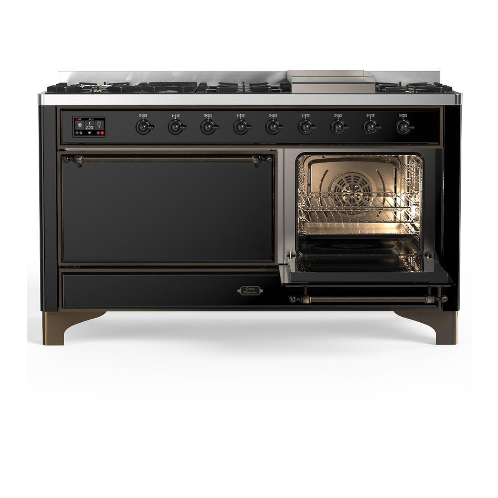 ILVE UM60FQNR3BKB Majestic III 60 inch Dual Fuel Range with 9 Burners and Griddle, Dual Function Burner up to 25,000 BTU (Natural Gas, Solid Door, Glossy Black, Burnished)