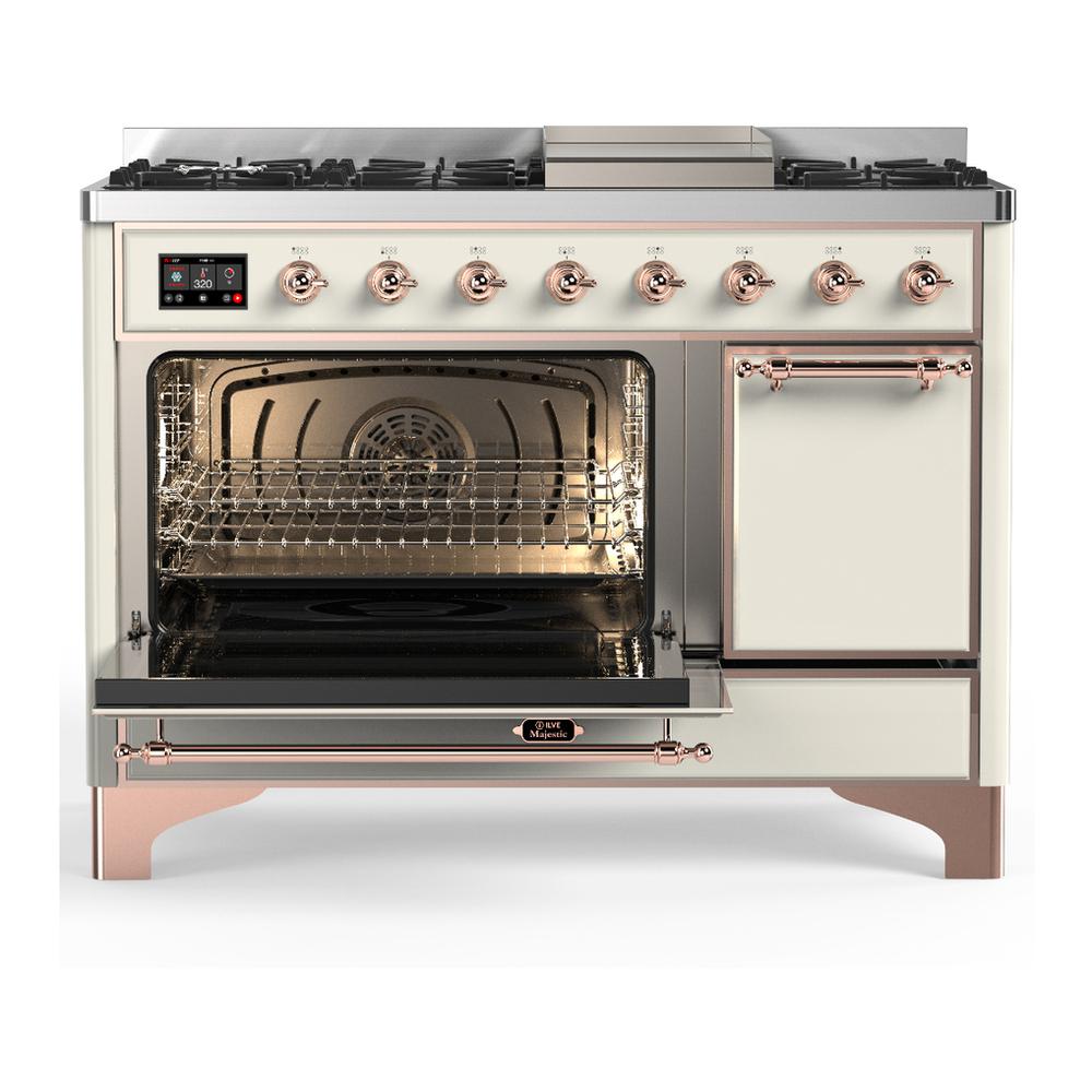 ILVE UM48FQNR3AWPLP Majestic III 48 inch Dual Fuel Range with 8 Burners and Griddle, Dual Function Burner up to 25,000 BTU (Liquid Propane, Solid Door, Antique White, Copper)