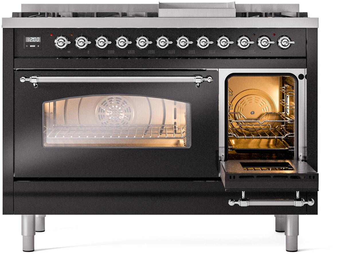 Nostalgie II 48 Inch Dual Fuel Natural Gas Freestanding Range in Glossy Black with Chrome Trim