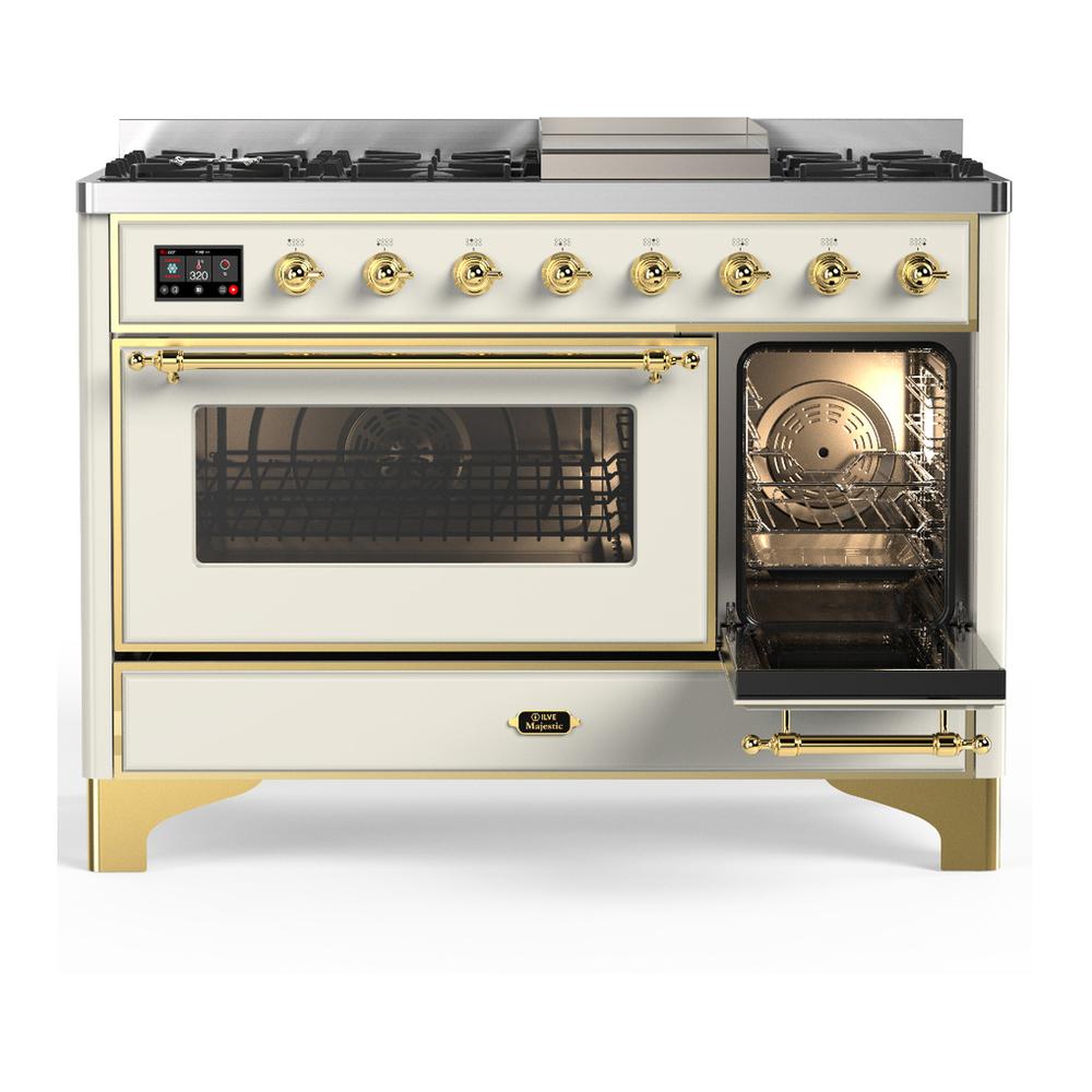 ILVE UM48FNR3AWG Majestic III 48 inch Dual Fuel Range with 8 Burners and Griddle, Dual Function Burner up to 25,000 BTU (Natural Gas, Triple Glass Door, Antique White, Brass)