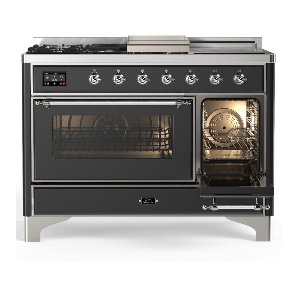 ILVE UM48FSNR3MGCLP Majestic III 48 inch Dual Fuel Range with 5 Black Brass Burners, Griddle and French Top, Dual Function Burner up to 25,000 BTU (Liquid Propane, Triple Glass Door, Graphite Matte, Chrome)