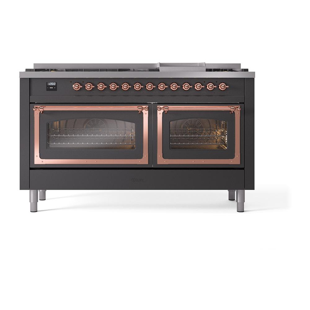 ILVE UN60FNMPMGPLP Nostalgie II Noblesse 60 inch Dual Fuel Range (9 Sealed Burners + Griddle, Liquid Propane, Triple Glass Door, Graphite Matte, Copper)