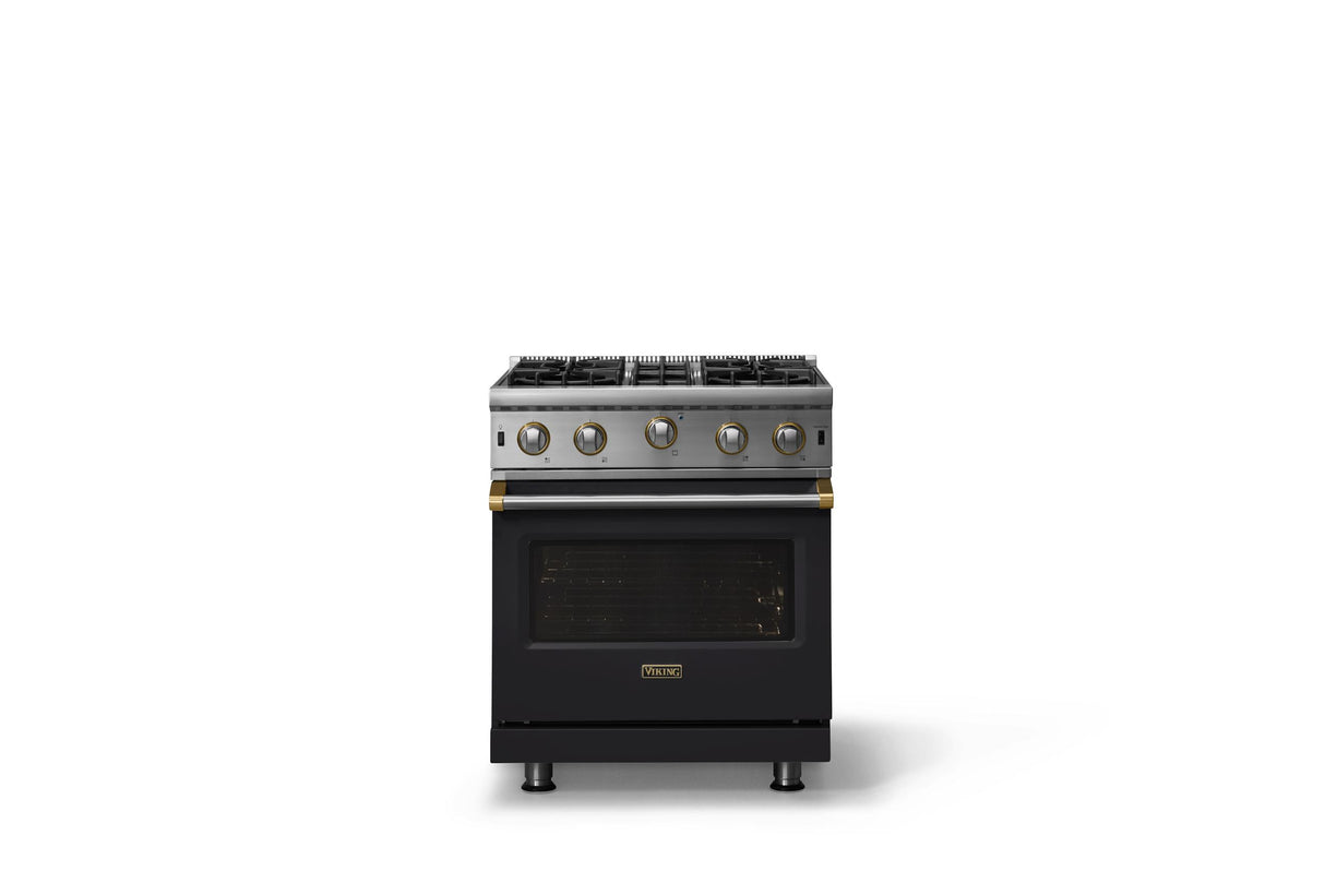 30"W. Open Burner Gas Range (Finish: Onyx, Trim: Brushed Brass, Fuel: Propane)