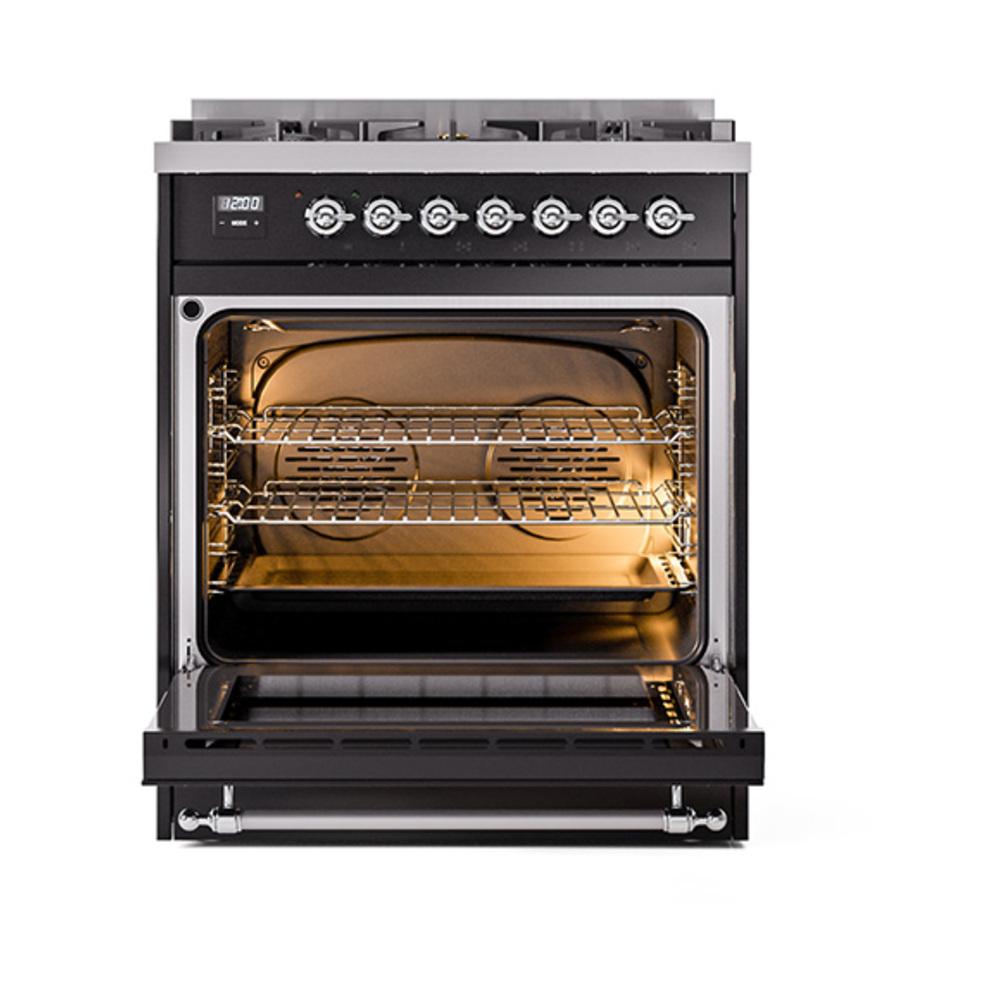 ILVE UN30QNMPBKCLP Nostalgie II Noblesse 30 inch Dual Fuel Range (Liquid Propane, Solid Door, Glossy Black, Chrome)