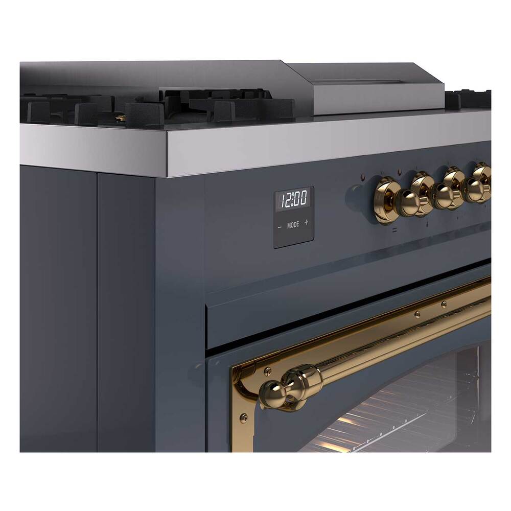 ILVE UN60FSNMPBGGLP Nostalgie II Noblesse 60 inch Dual Fuel Range (7 Sealed Burners + Griddle + French Top, Liquid Propane, Triple Glass Door, Blue Grey, Brass)