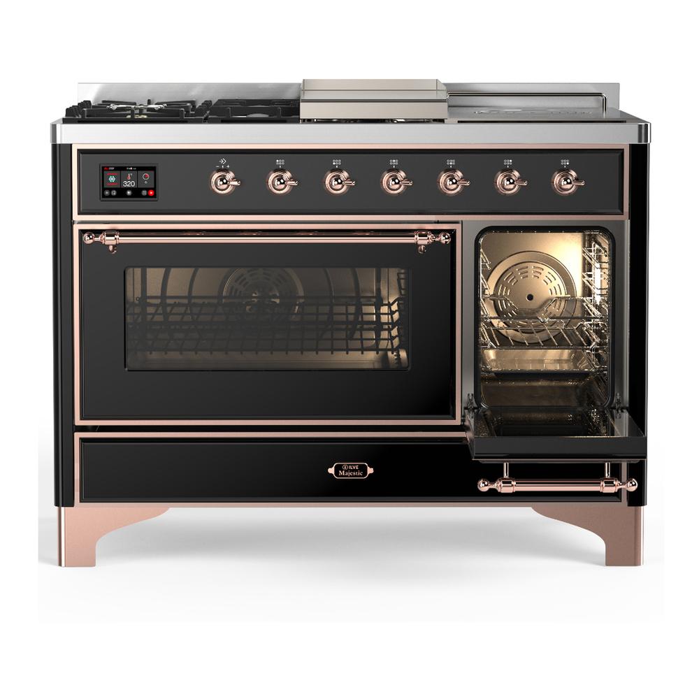 ILVE UM48FSNR3BKPLP Majestic III 48 inch Dual Fuel Range with 5 Black Brass Burners, Griddle and French Top, Dual Function Burner up to 25,000 BTU (Liquid Propane, Triple Glass Door, Glossy Black, Copper)