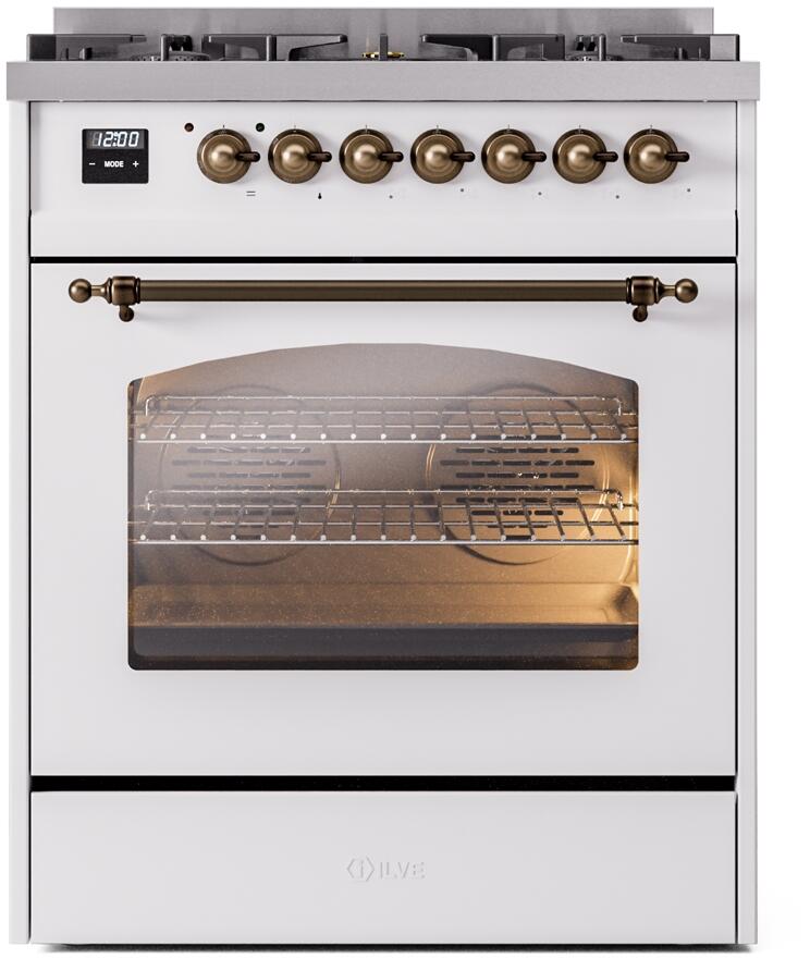 Nostalgie II 30 Inch Dual Fuel Natural Gas Freestanding Range in White with Bronze Trim