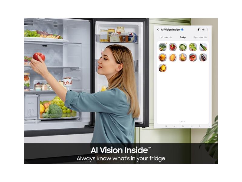 Bespoke 23 cu. ft. Counter Depth 4-Door French Door Refrigerator with AI Family Hub™+ & AI Vision Inside™ in Charcoal Glass and Stainless Steel