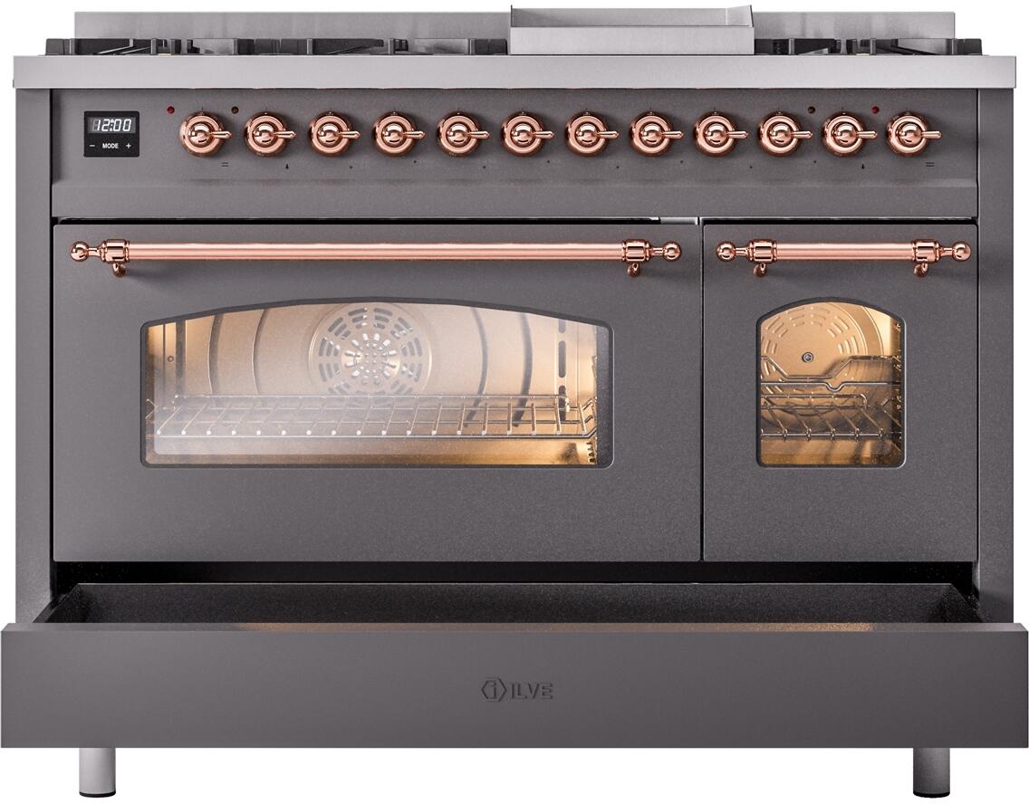 Nostalgie II 48 Inch Dual Fuel Natural Gas Freestanding Range in Matte Graphite with Copper Trim