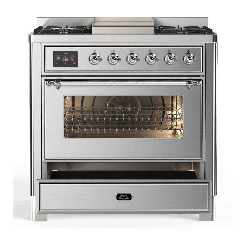 ILVE UM36FNR3SSC Majestic III 36 inch Dual Fuel Range with 6 Black Brass Burners and Griddle, Dual Function Burner up to 25,000 BTU (Triple Glass Door, Stainless Steel, Chrome, Natural Gas)
