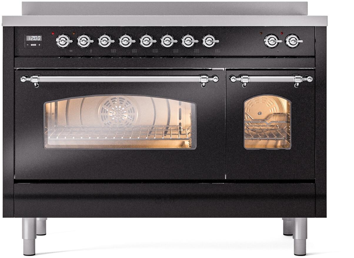Nostalgie II 48 Inch Electric Freestanding Range in Glossy Black with Chrome Trim