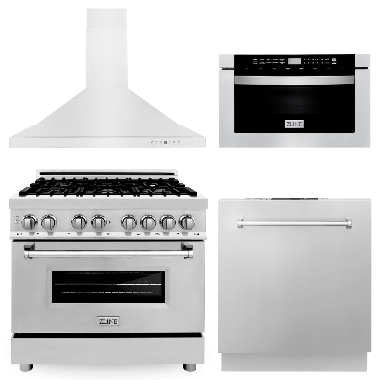 ZLINE 36" Kitchen Package with Stainless Steel Dual Fuel Range, Range Hood, Microwave Drawer and Dishwasher