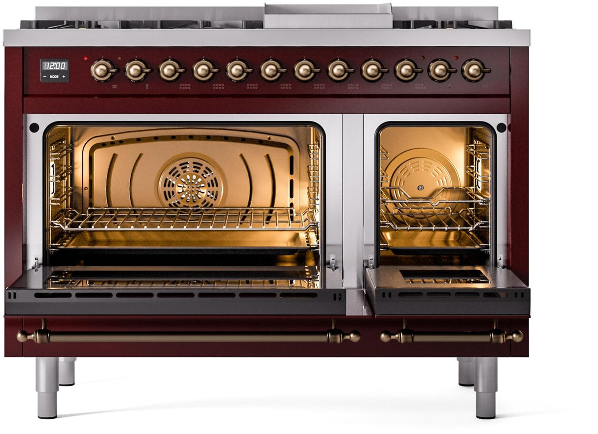 Nostalgie II 48 Inch Dual Fuel Liquid Propane Freestanding Range in Burgundy with Bronze Trim