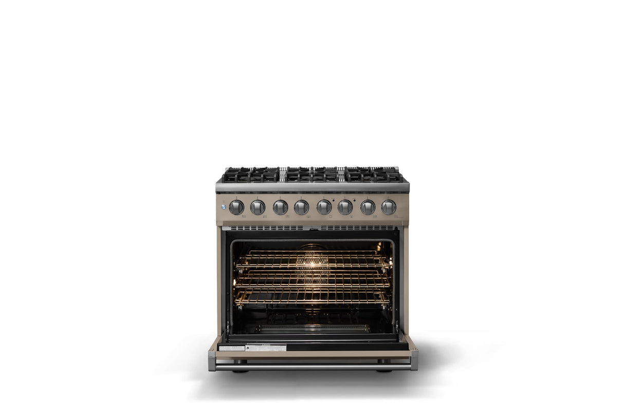 36"W. Dual Fuel Range (Burner: 6b, Finish: Nantucket, Trim: Polished Chrome, Fuel: Natural Gas)