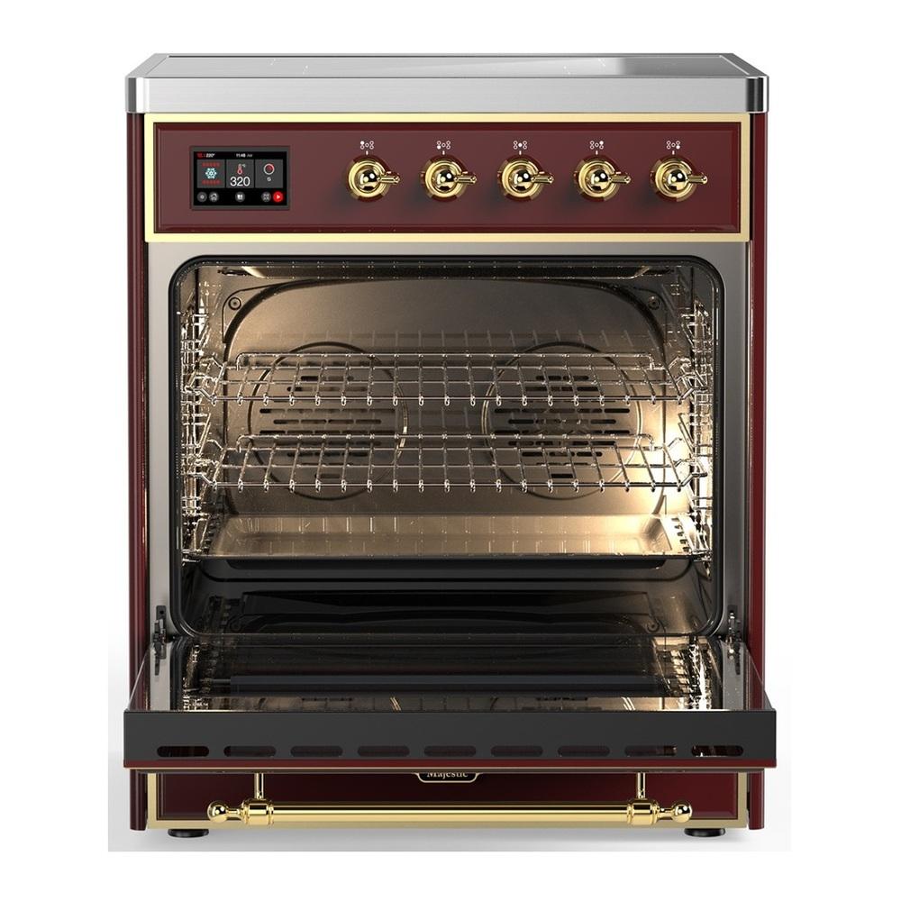 ILVE UMIB30NR3BUG Majestic III 30 inch Induction Range with 4 Elements, 4 cu. ft. Oven Capacity (Triple Glass Door, Burgundy, Brass)