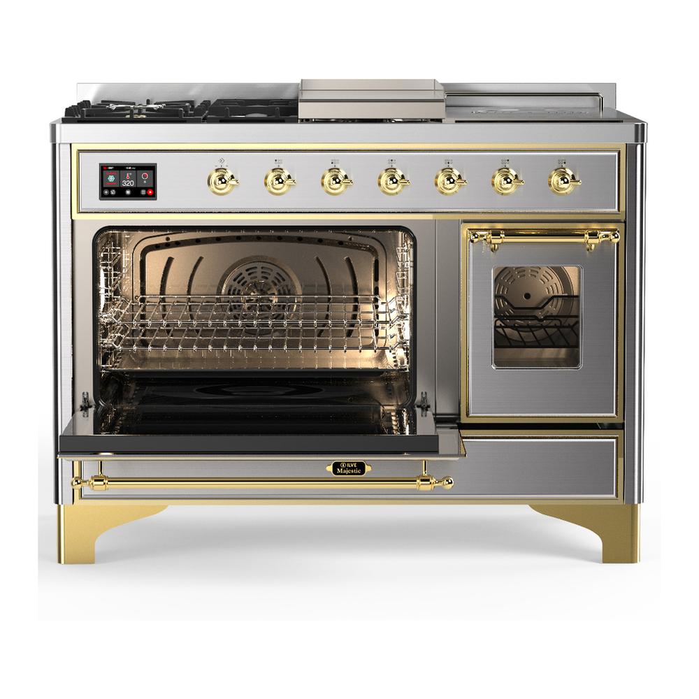 ILVE UM48FSNR3SSG Majestic III 48 inch Dual Fuel Range with 5 Black Brass Burners, Griddle and French Top, Dual Function Burner up to 25,000 BTU (Natural Gas, Triple Glass Door, Stainless Steel, Brass)