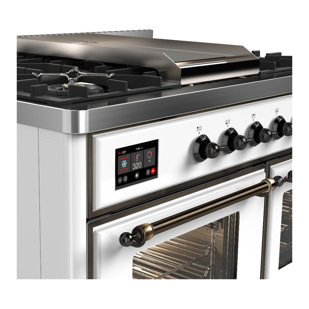 ILVE UMD40FNR3WHB Majestic III 40 inch Dual Fuel Range with 6 Burners and Griddle, Dual Function Burner up to 25,000 BTU (Natural Gas, Triple Glass Door, White, Burnished)