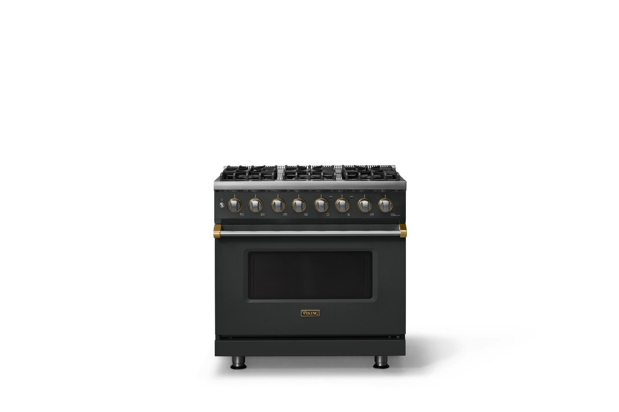 36"W. Dual Fuel Range (Burner: 6b, Finish: Antique Bronze, Trim: Brushed Brass, Fuel: Natural Gas)