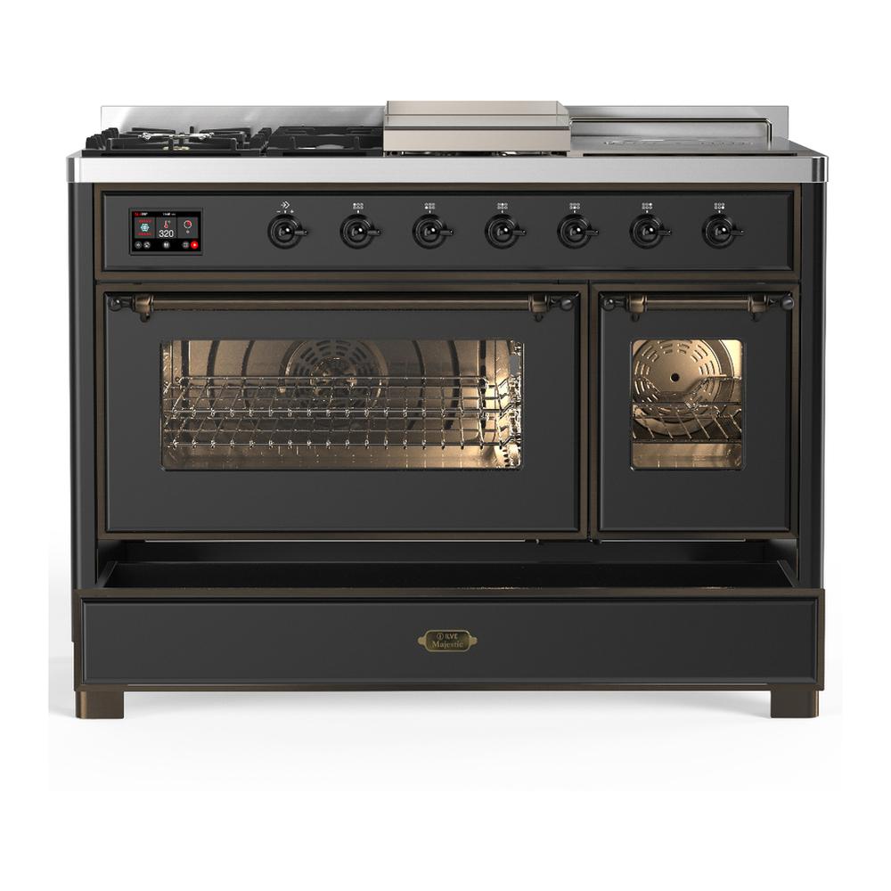ILVE UM48FSNR3MGBLP Majestic III 48 inch Dual Fuel Range with 5 Black Brass Burners, Griddle and French Top, Dual Function Burner up to 25,000 BTU (Liquid Propane, Triple Glass Door, Graphite Matte, Burnished)