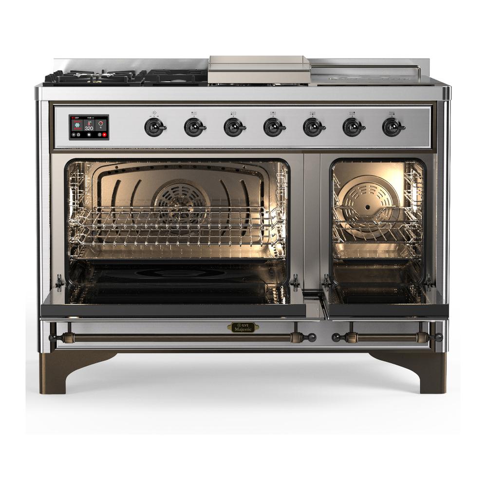 ILVE UM48FSNR3SSB Majestic III 48 inch Dual Fuel Range with 5 Black Brass Burners, Griddle and French Top, Dual Function Burner up to 25,000 BTU (Natural Gas, Triple Glass Door, Stainless Steel, Burnished)