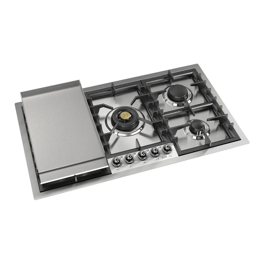 ILVE UHCPT95FNSSCLP Nostalgie II 36 inch Built-In Gas Cooktop with Total Black Brass Burners, in Stainless Steel (5 Sealed Burners + Griddle, Liquid Propane, Chrome)