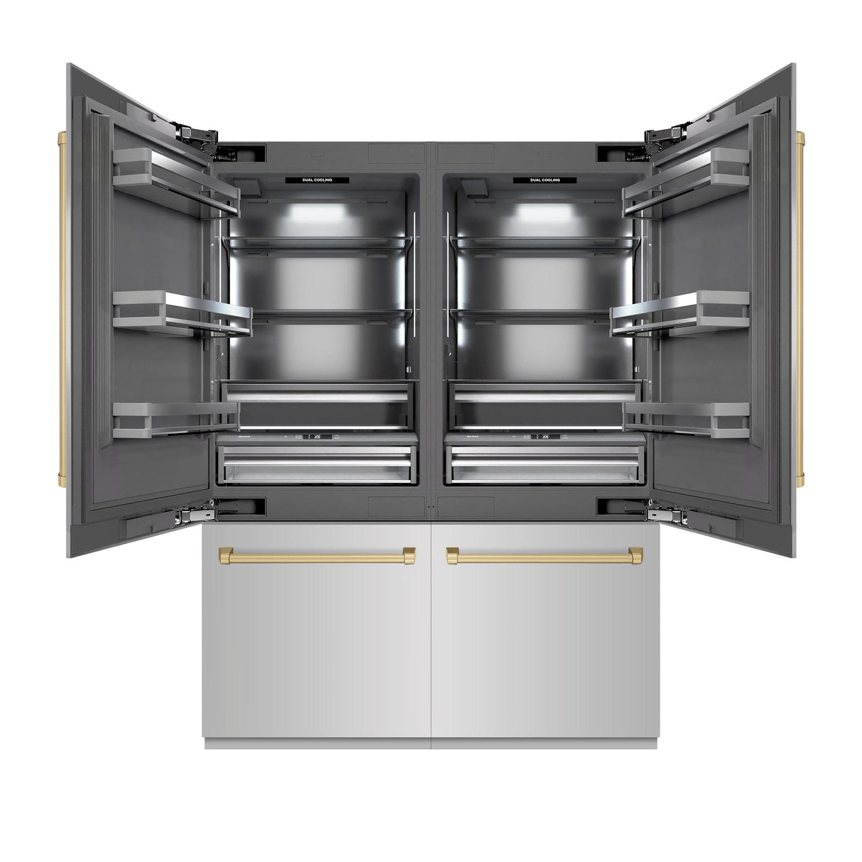 ZLINE Autograph Edition 60 in. 32.2 cu. ft. French Door Built-In Bottom Freezer Refrigerator with Water Dispenser and Ice Maker in Stainless Steel with Graphite Gray Interior and Champagne Bronze Accents (GRBIVZ-304-60CB)