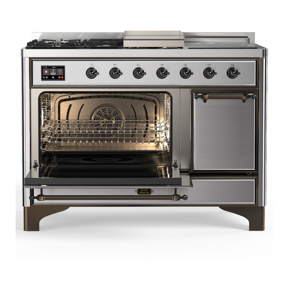 ILVE UM48FSQNR3SSB Majestic III 48 inch Dual Fuel Range with 5 Black Brass Burners, Griddle and French Top, Dual Function Burner up to 25,000 BTU (Natural Gas, Solid Door, Stainless Steel, Burnished)