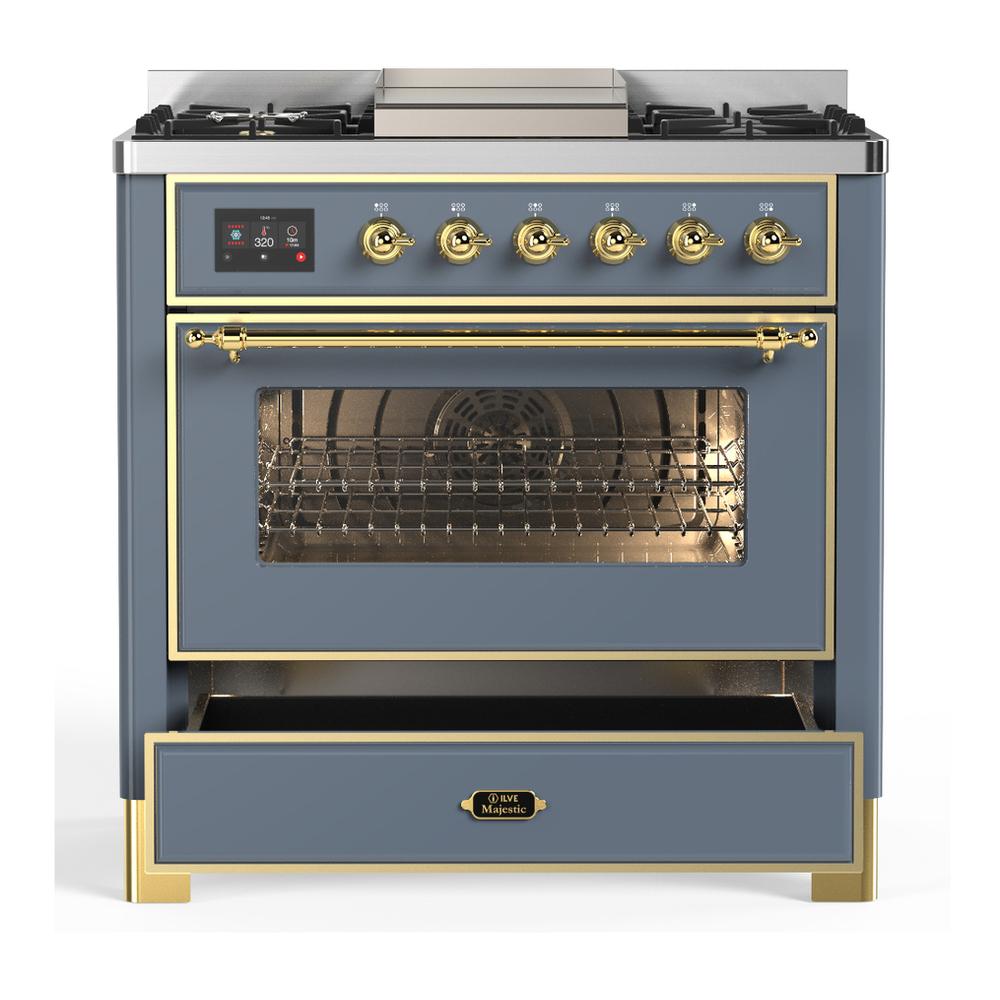 ILVE UM36FNR3BGG Majestic III 36 inch Dual Fuel Range with 6 Black Brass Burners and Griddle, Dual Function Burner up to 25,000 BTU (Triple Glass Door, Blue Grey, Brass, Natural Gas)