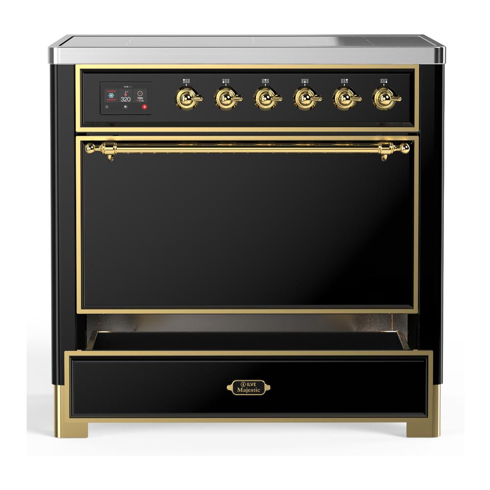 ILVE UMIB36QNR3BKG Majestic III 36 inch Induction Range with 6 Elements, 3.5 cu. ft. Total Oven Capacity (Solid Door, Glossy Black, Brass)