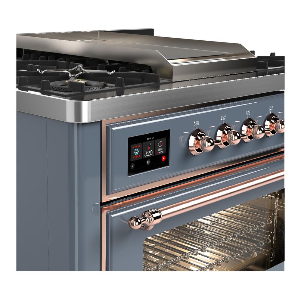 ILVE UM36FNR3BGP Majestic III 36 inch Dual Fuel Range with 6 Black Brass Burners and Griddle, Dual Function Burner up to 25,000 BTU (Triple Glass Door, Blue Grey, Copper, Natural Gas)