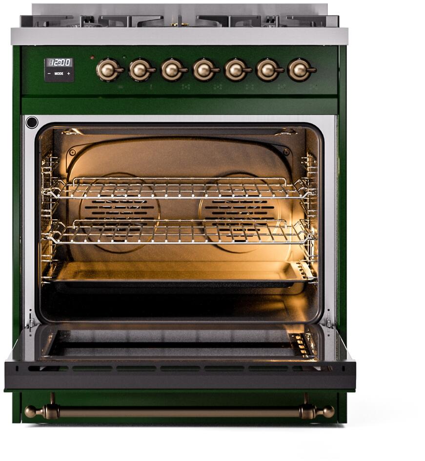 Nostalgie II 30 Inch Dual Fuel Natural Gas Freestanding Range in Emerald Green with Bronze Trim