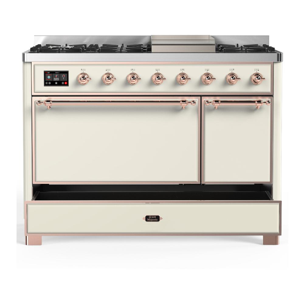 ILVE UM48FQNR3AWP Majestic III 48 inch Dual Fuel Range with 8 Burners and Griddle, Dual Function Burner up to 25,000 BTU (Natural Gas, Solid Door, Antique White, Copper)