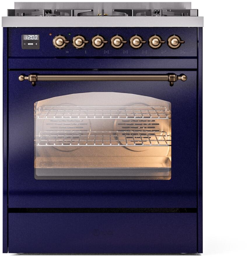 Nostalgie II 30 Inch Dual Fuel Natural Gas Freestanding Range in Blue with Bronze Trim