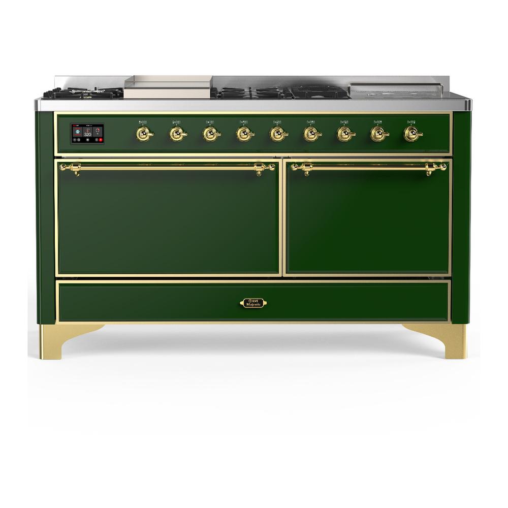 ILVE UM60FSQNR3EGGLP Majestic III 60 inch Dual Fuel Range with 7 Burners, Griddle and French Top, Dual Function Burner with up to 25,000 BTU (Liquid Propane, Solid Door, Emerald Green, Brass)