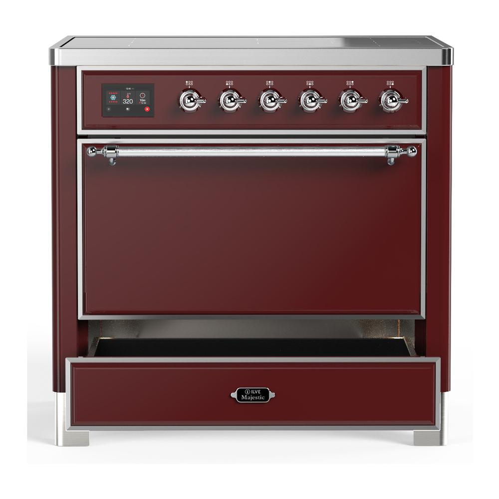 ILVE UMIB36QNR3BUC Majestic III 36 inch Induction Range with 6 Elements, 3.5 cu. ft. Total Oven Capacity (Solid Door, Burgundy, Chrome)